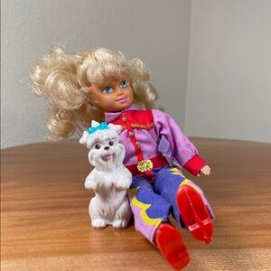 Vintage 1992 Kid Kore Blonde Cowgirl Doll with White Dog Blue Bow